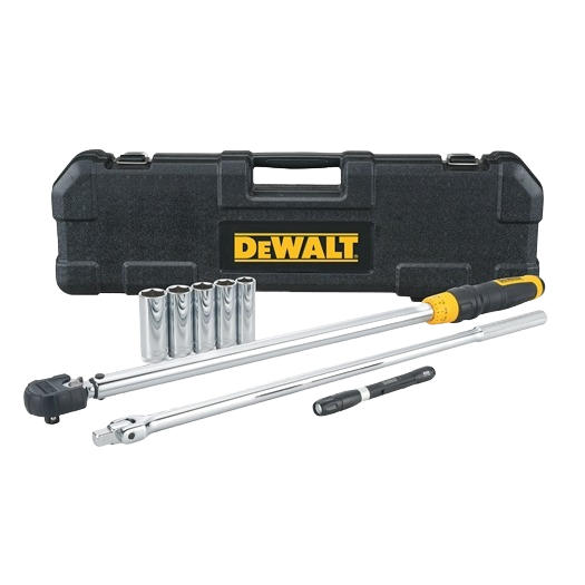 Black and yellow torque wrench kit with sockets and extension bars in a sturdy carrying case for tools and home improvement tasks