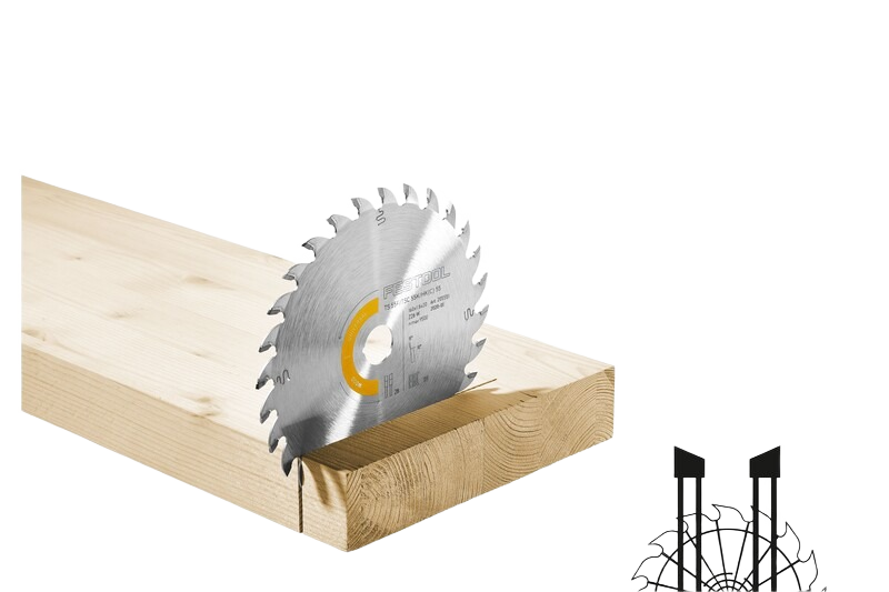 Silver circular carbide-tipped saw blade with 36 teeth cutting a wooden plank in woodworking tool accessories
