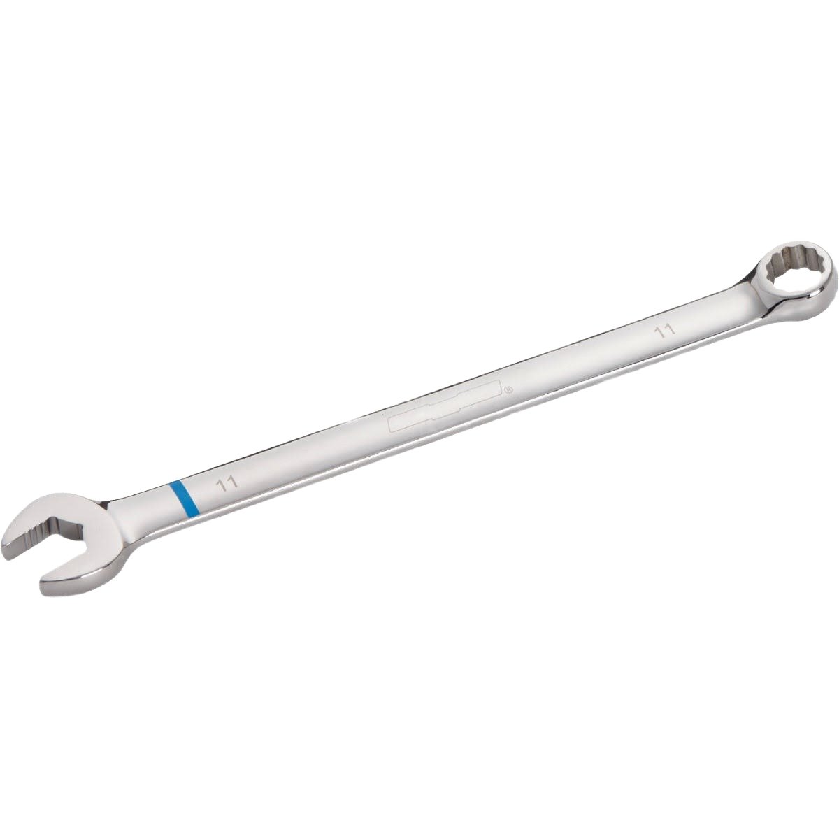 Polished 11mm 12-point combination wrench with open and box ends for home improvement and tool use