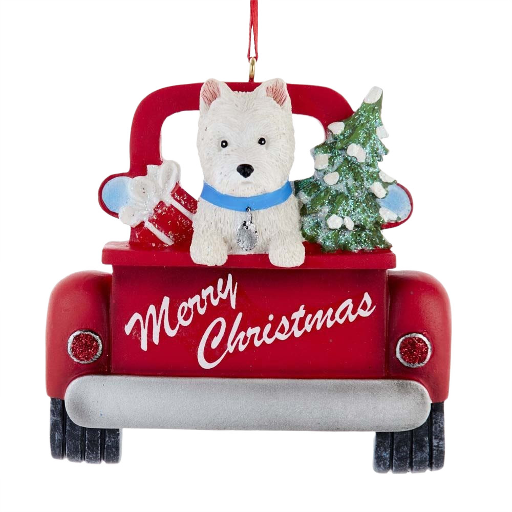 Red truck ornament with West Highland Terrier, Christmas tree, and gift box for festive holiday decoration