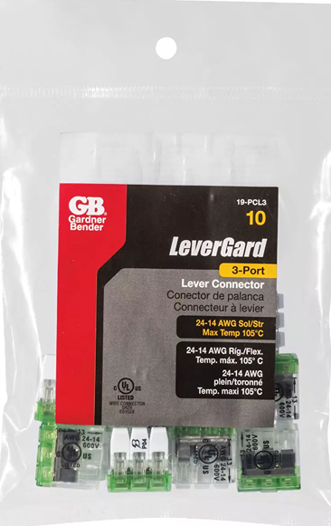 Pack of 10 compact 3-port electrical connectors with green levers for secure wire joining in home improvement tasks