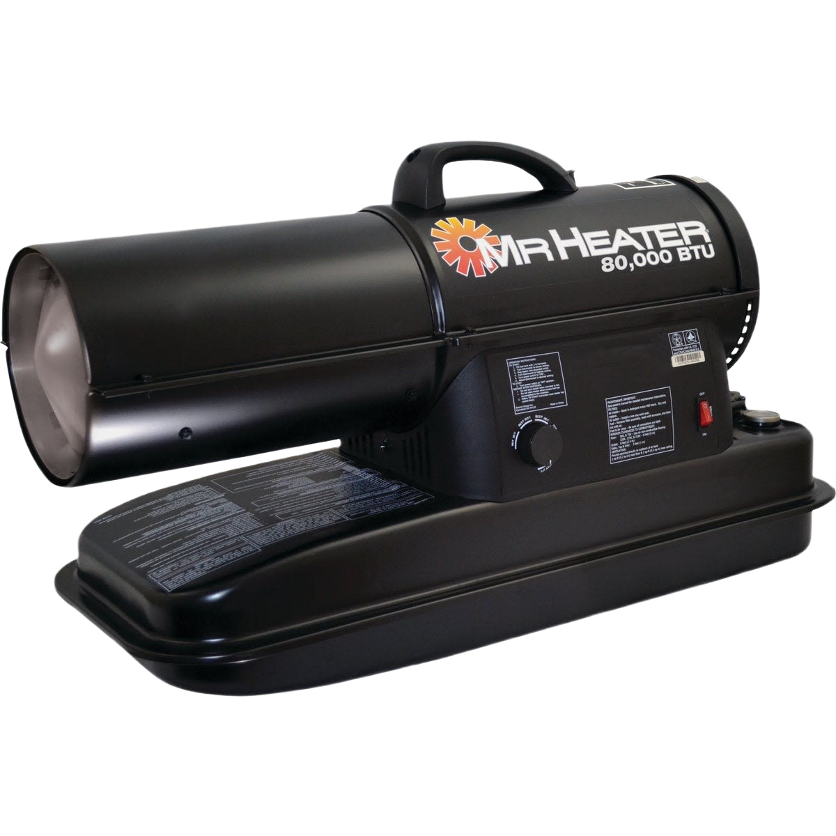 Black kerosene forced air heater with handle and control knobs for indoor tools and home improvement projects
