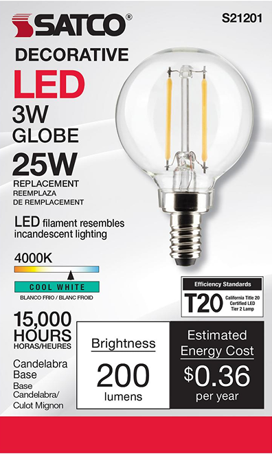 Clear decorative LED globe bulb with candelabra base, cool white 4000K light and energy-efficient design under $50 collection