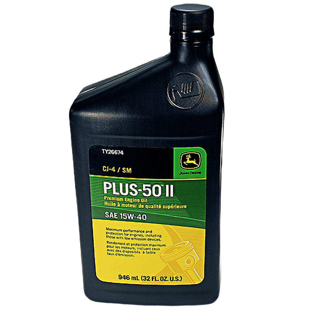 Black plastic container of Plus-50 II SAE 15W-40 premium engine oil with green and yellow label for engine protection and maintenance