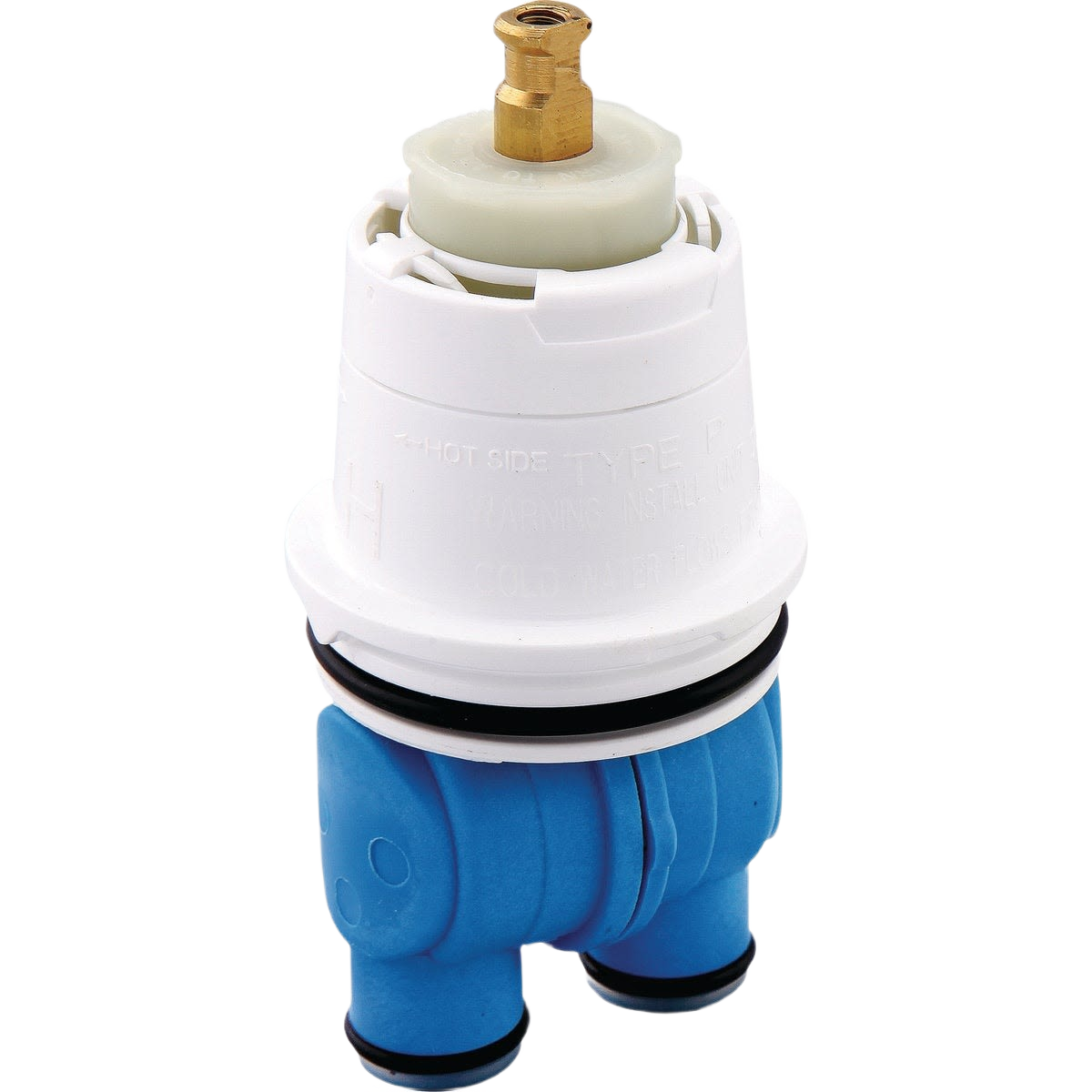 White and blue faucet cartridge replacement stem with brass connector for plumbing and faucet repair parts collection