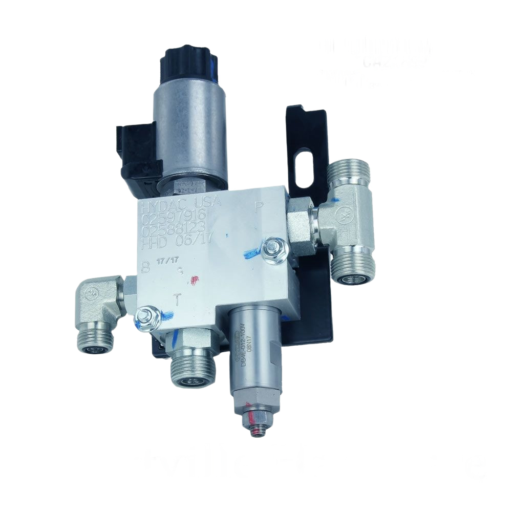 Close-up of a metal solenoid valve with threaded hydraulic fittings for machinery and home improvement tasks