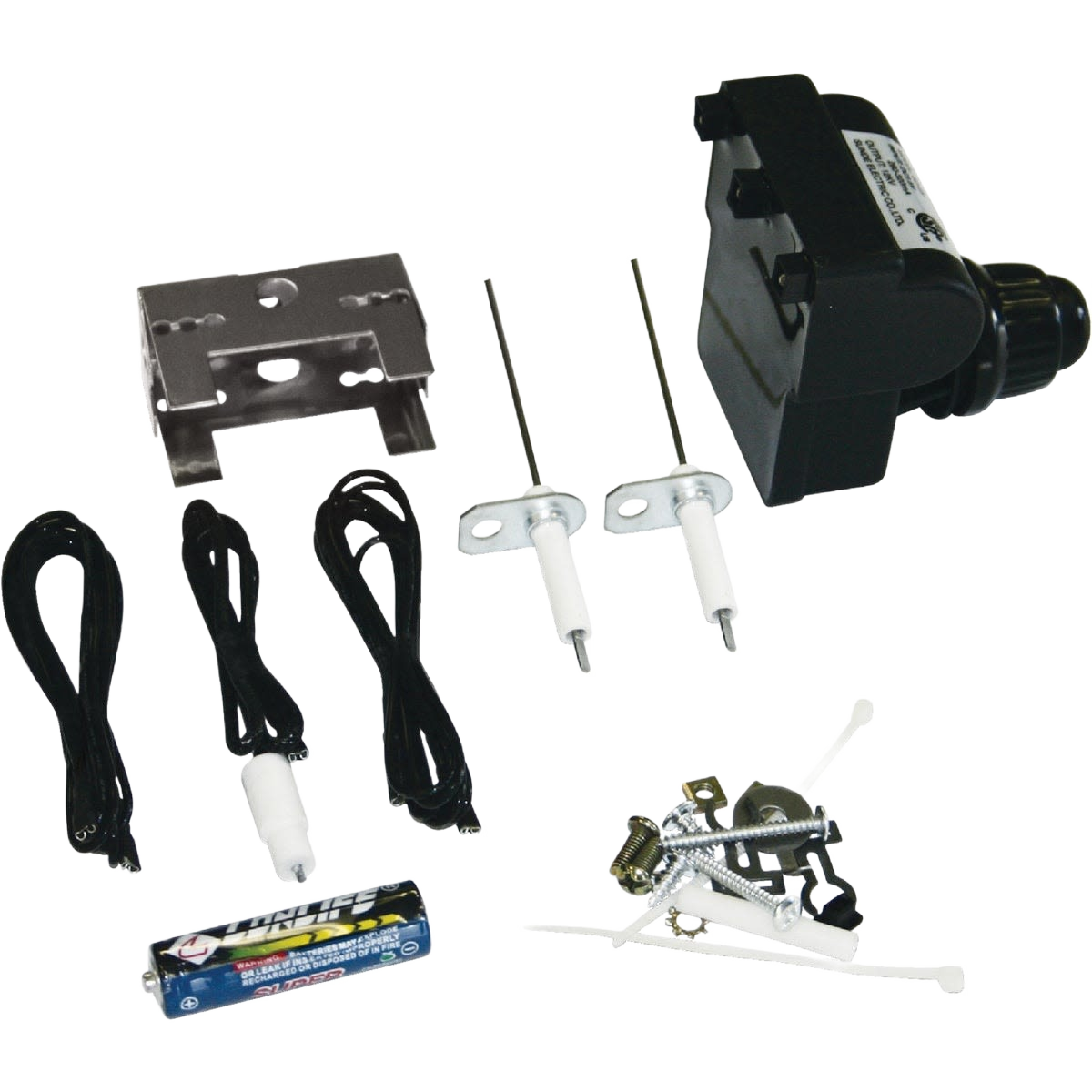 Replacement igniter kit with electronic push button, electrodes, mounting bracket, and battery for gas grill repair.