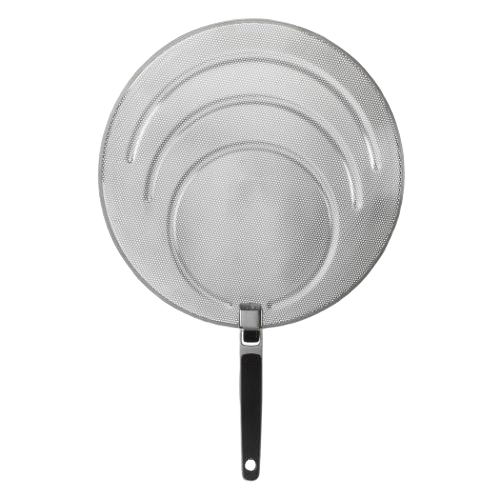 Round stainless steel splatter screen with folding black handle for kitchen gadgets and cookware protection