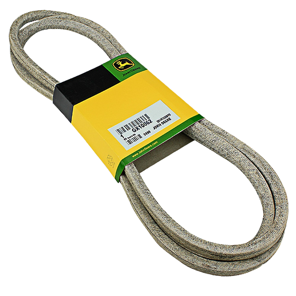 Wrapped fabric V-belt for machinery with John Deere branded yellow and green packaging for tools and home improvement