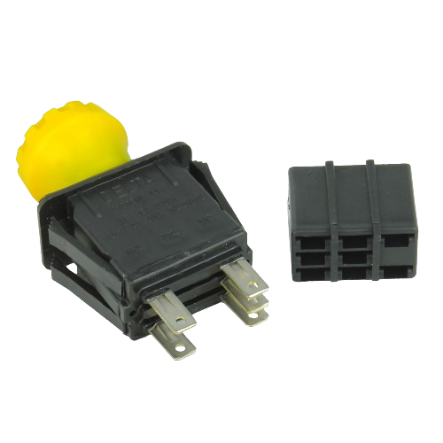 Yellow push-button PTO switch kit with black plastic housing and detachable connector for John Deere parts collections