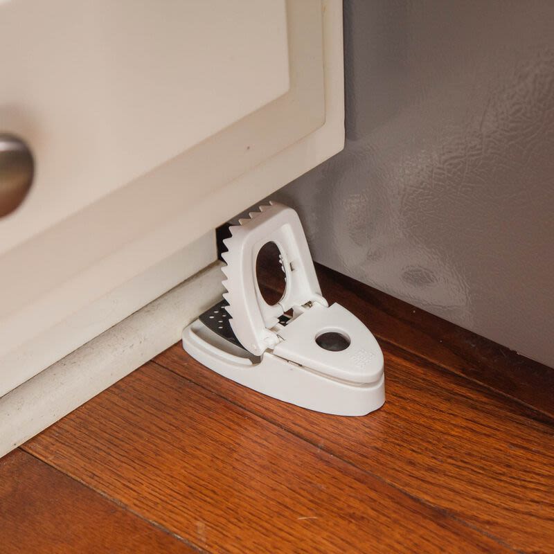 White plastic press-to-set mouse trap placed on wooden floor near kitchen cabinet in pest control setting