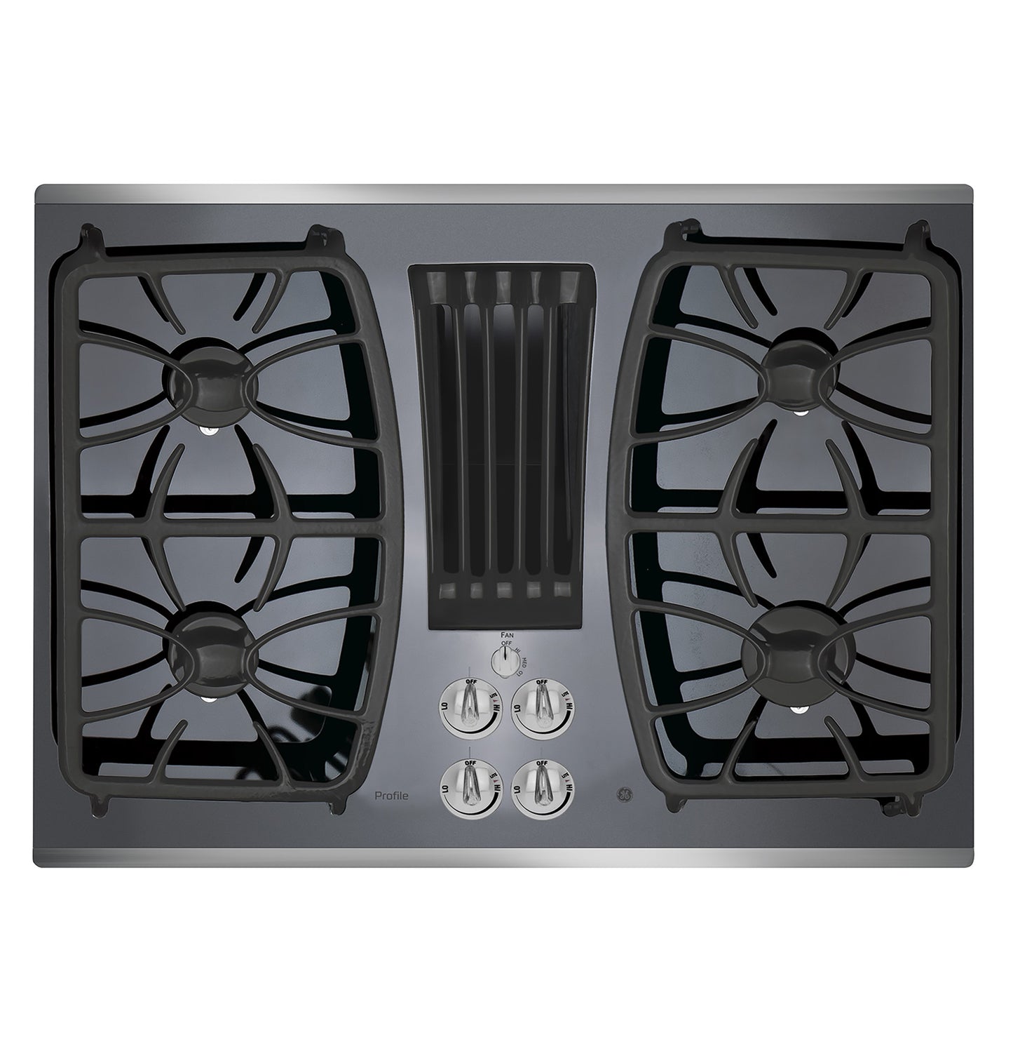 Top view of black built-in gas cooktop with downdraft vent and stainless steel control knobs for kitchen use