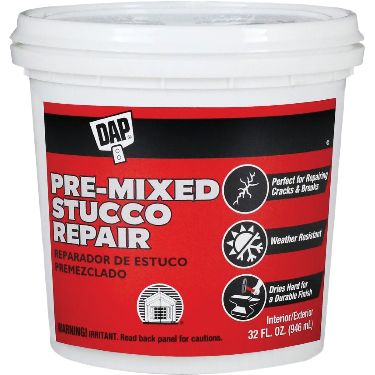 Container of premixed stucco patch in red and black packaging for home repair and weather-resistant outdoor use