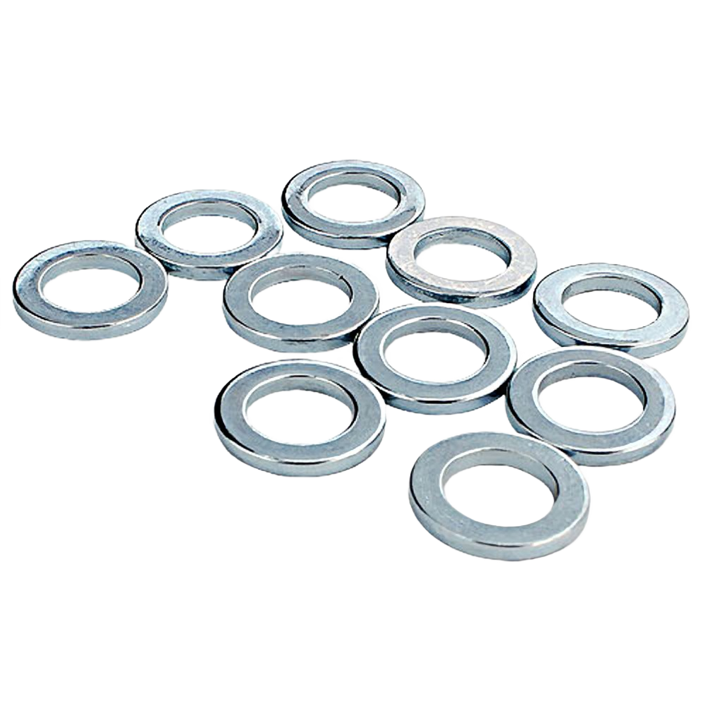 Set of ten flat metal washers with 5/16 inch inner diameter and 1/2 inch outer diameter for tool accessories and home improvement.