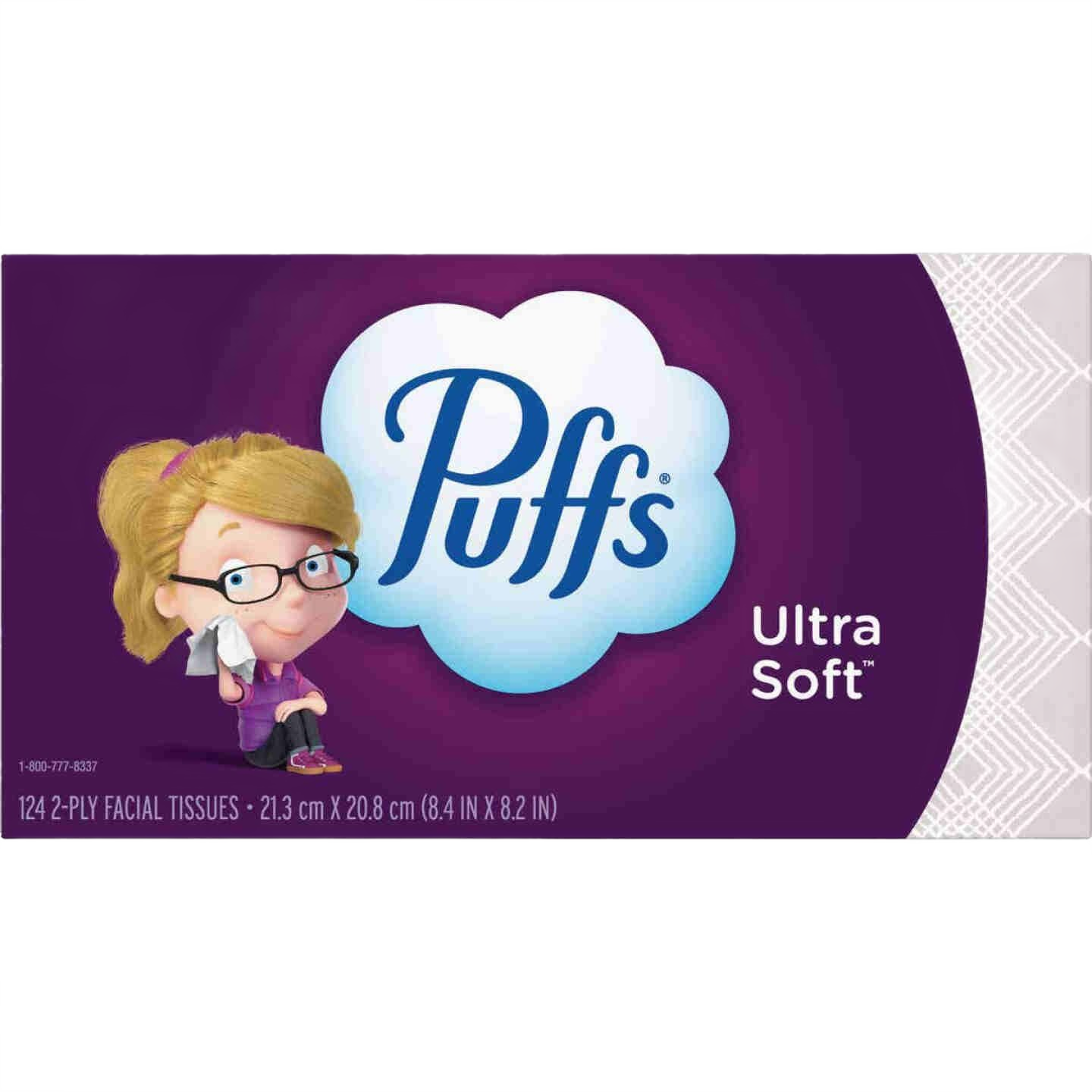Purple package of Puffs Ultra Soft 2-ply facial tissues with cartoon woman using tissue for cleaning face