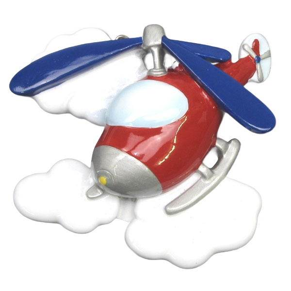 Glossy red and blue helicopter ornament flying above soft white clouds for Christmas tree decoration collection
