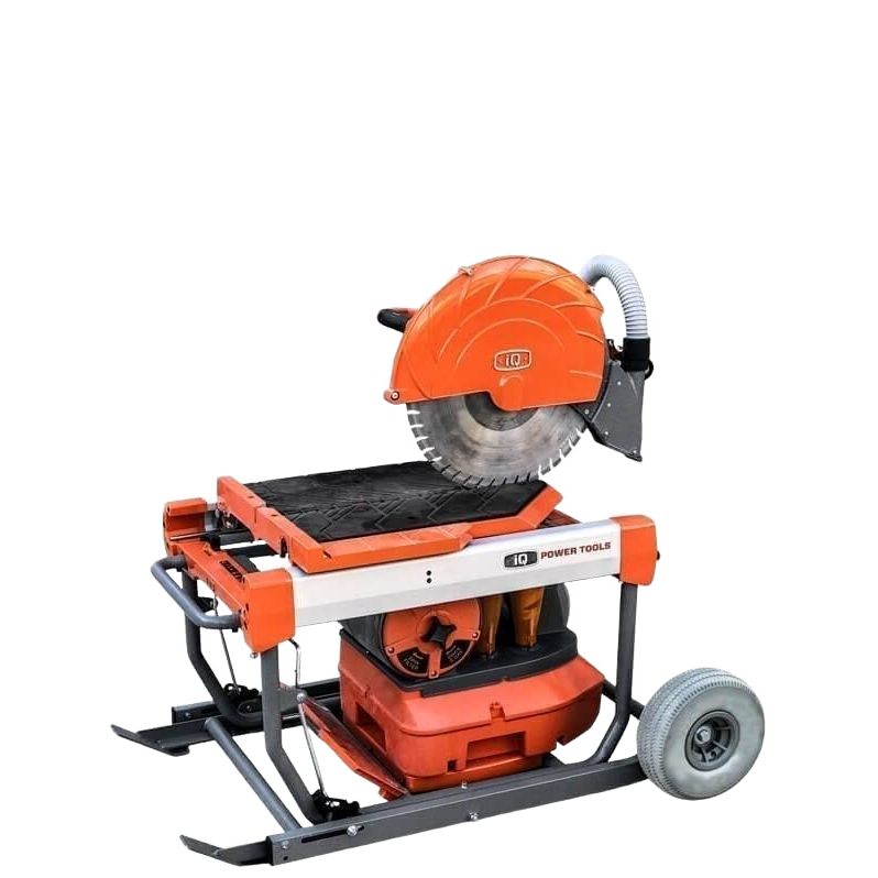 Orange and gray dry cut masonry saw with integrated dust collection and wheels for use in woodworking and power tool accessories collections