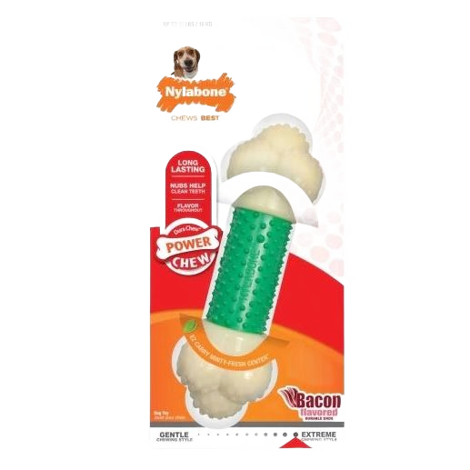 Bacon-flavored durable chew toy for dogs with textured nubs to clean teeth in pet supplies and treats collections