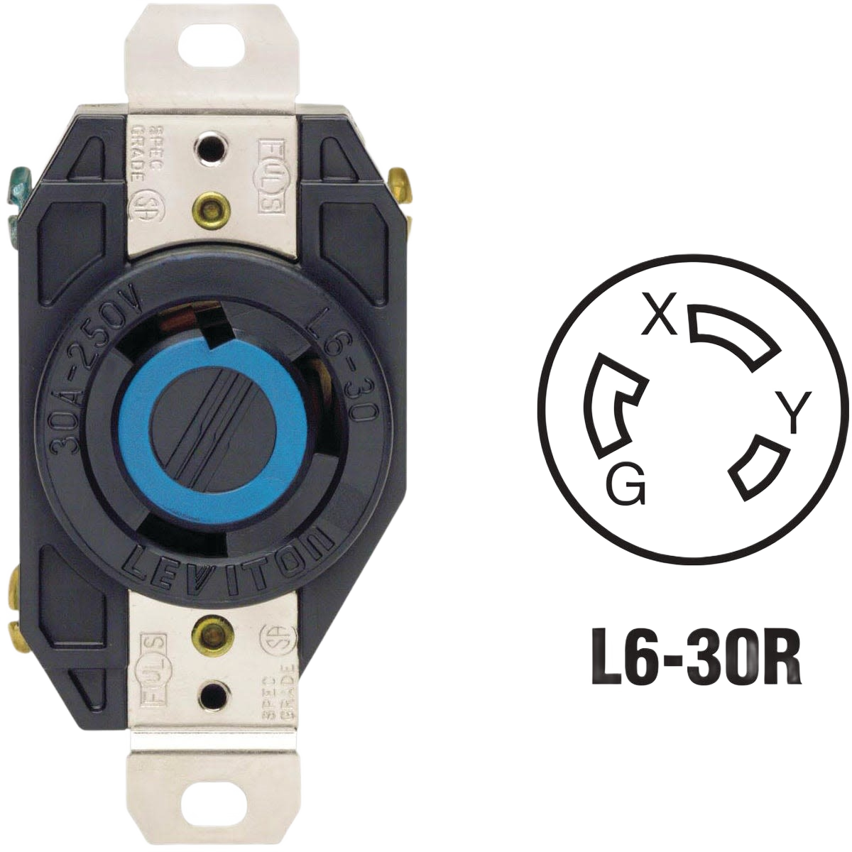 Black industrial locking power outlet receptacle with metal mounting bracket for home improvement projects