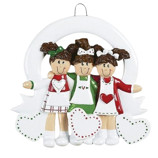 Three smiling friends in festive outfits hugging inside white wreath ornament for Christmas décor under $50 collection