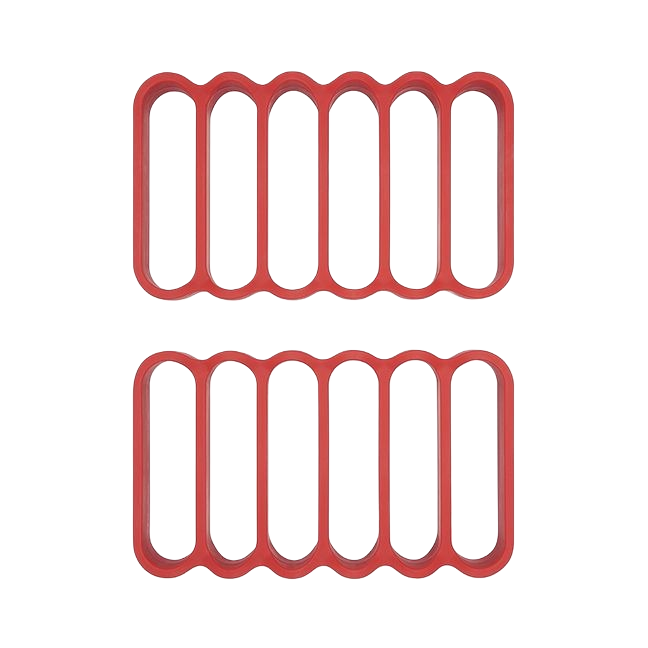 Two-pack of flexible red silicone roasting racks designed for home cooking and kitchen use