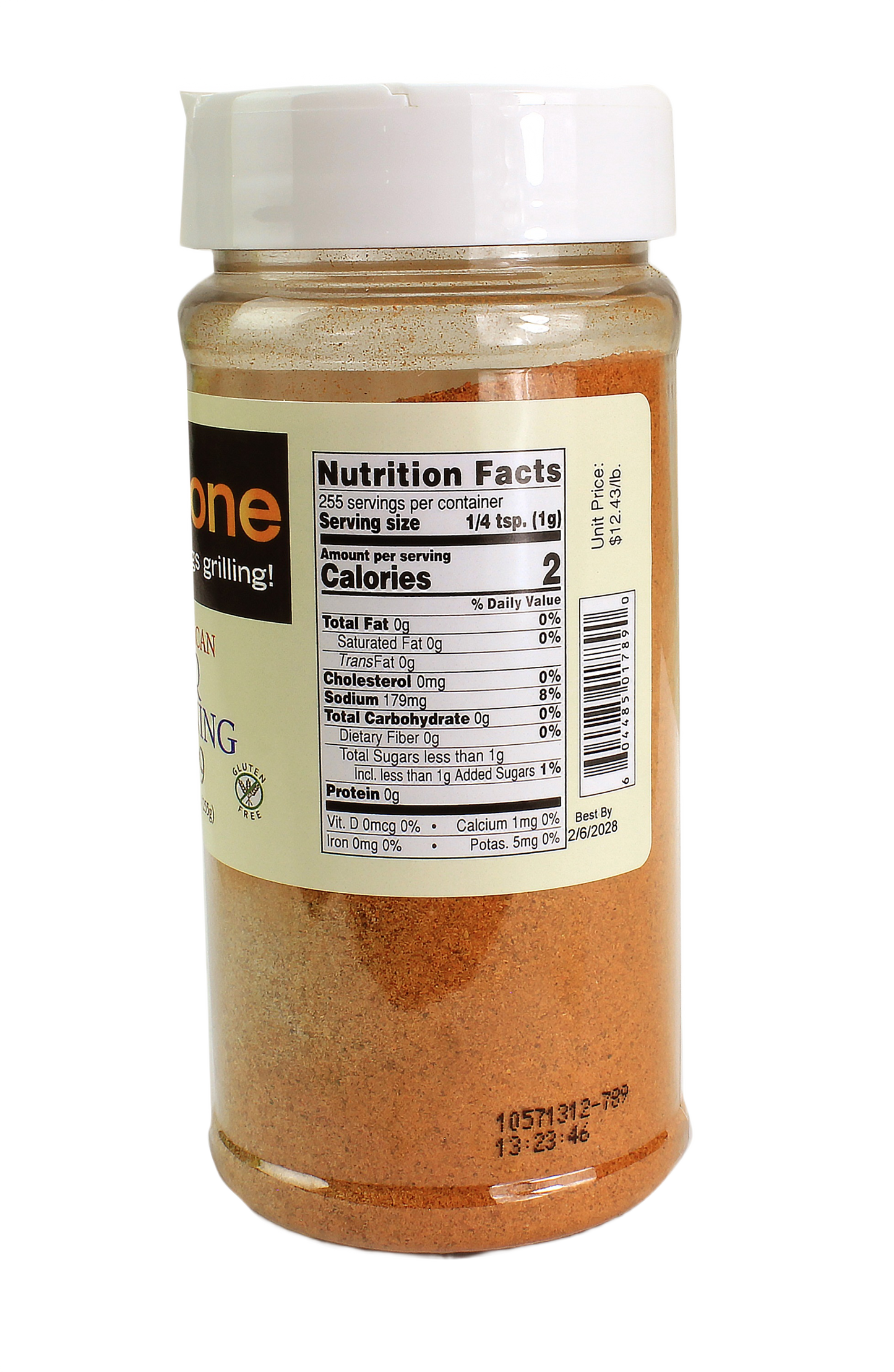 Clear plastic spice container showing nutrition facts label for Grill Zone seasoning with sodium and calorie details