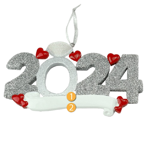 Silver glitter 2024 ornament with red hearts and a ring design for Christmas Ornaments & Tree Decorations collection