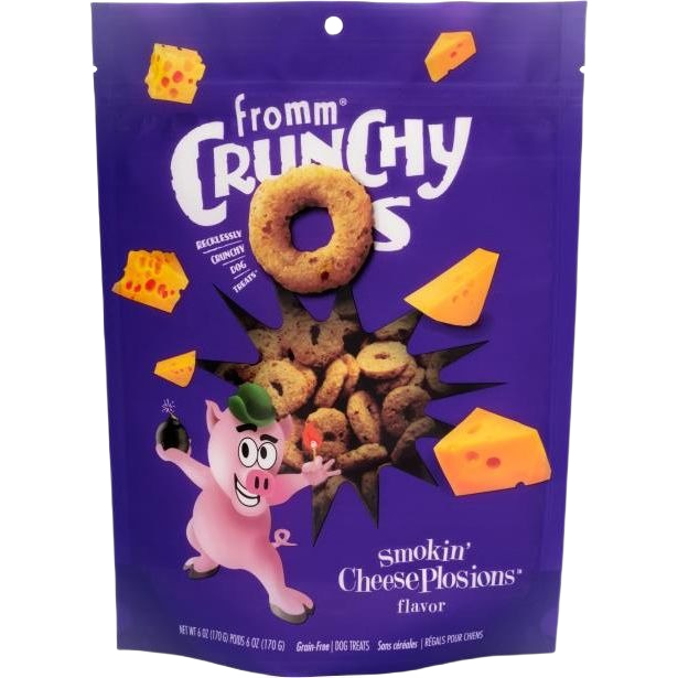 Purple bag of crunchy dog treats with cheese pieces and a playful pig illustration from pet treats collection