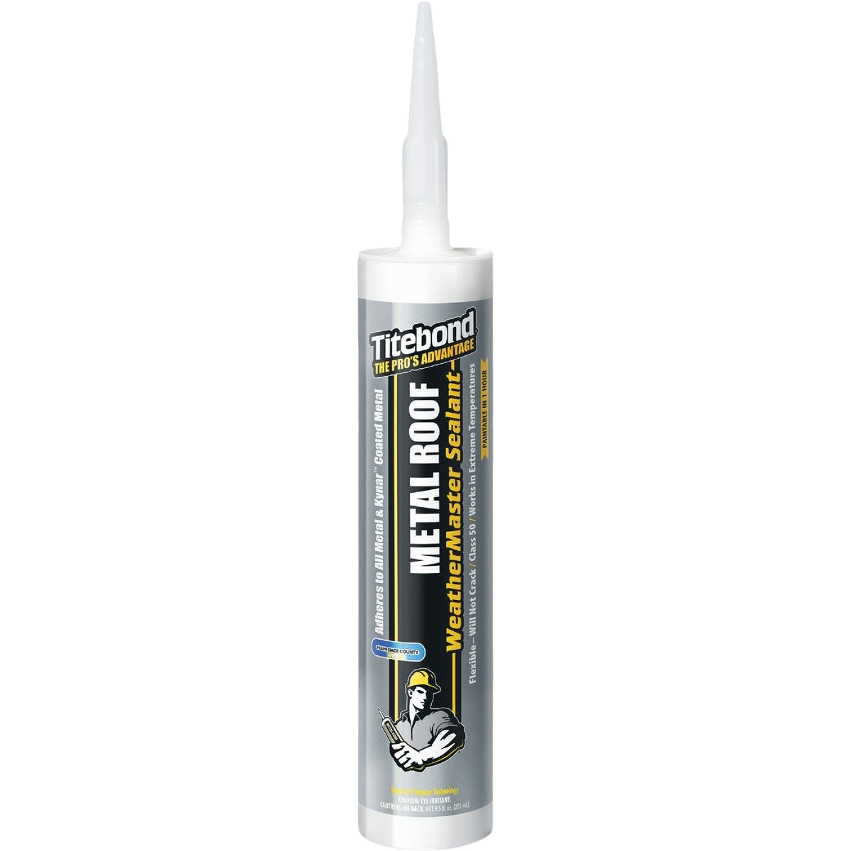 Clear sealant tube for metal roof repair and protection, designed for home improvement and outdoor use