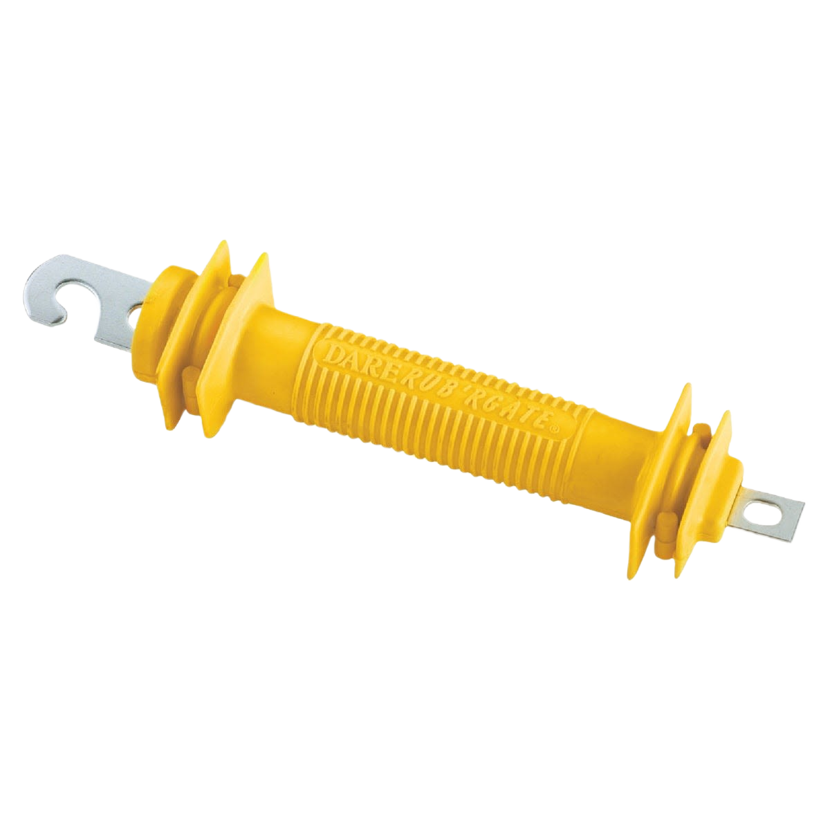 Yellow spring-loaded rubber electric fence gate handle with metal hooks for durable home improvement use