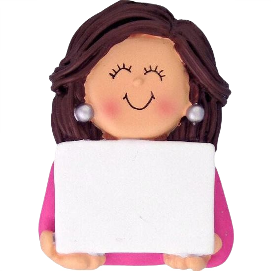 Smiling female ornament with brown hair and pearl earrings holding a blank white sign in Christmas Ornaments collection