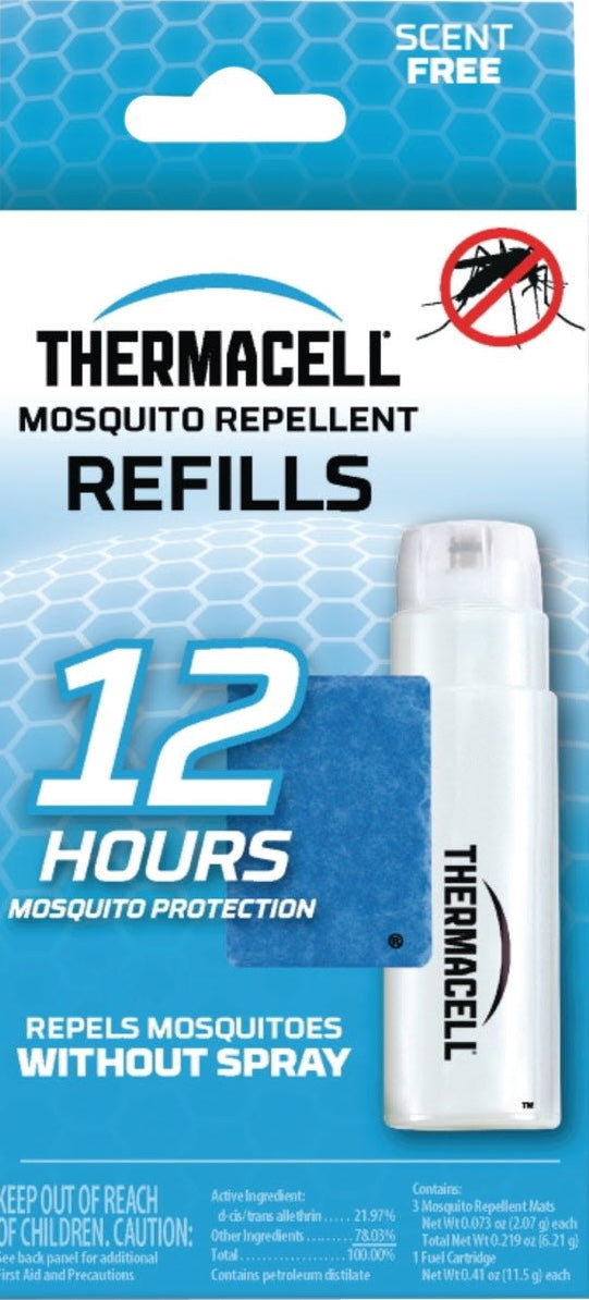 Thermacell refill pack with three scent-free mosquito repellent mats and fuel cartridge for 12 hours protection