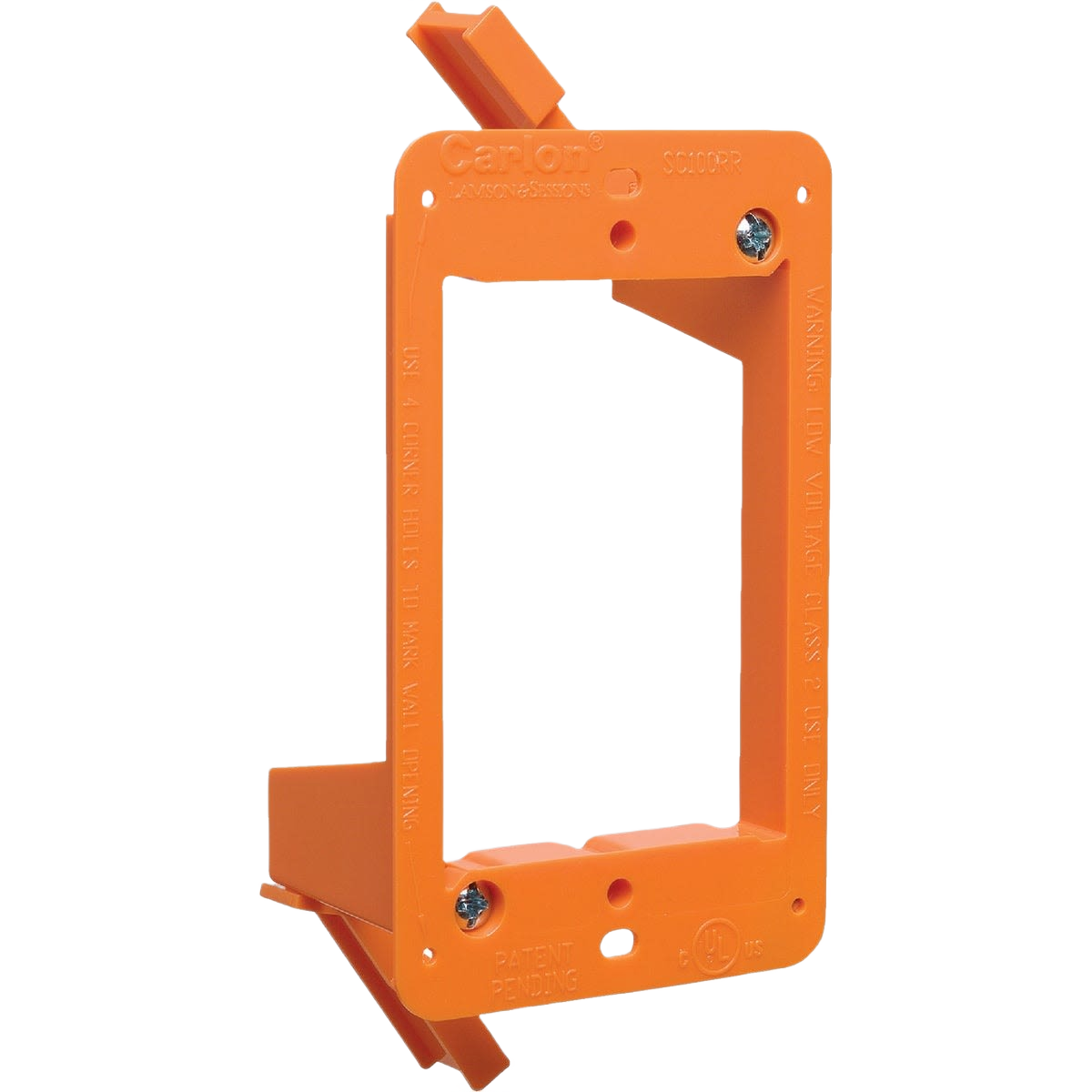 Orange low voltage bracket for electrical boxes designed for easy installation in existing walls and home improvement projects