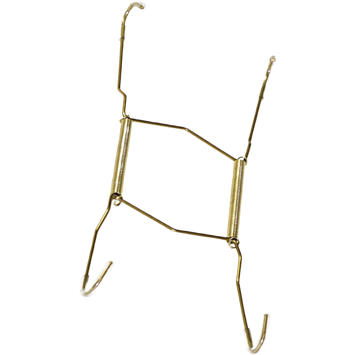 Adjustable brass-tone metal plate hanger for securely displaying decorative plates on walls in home organization and hardware collections