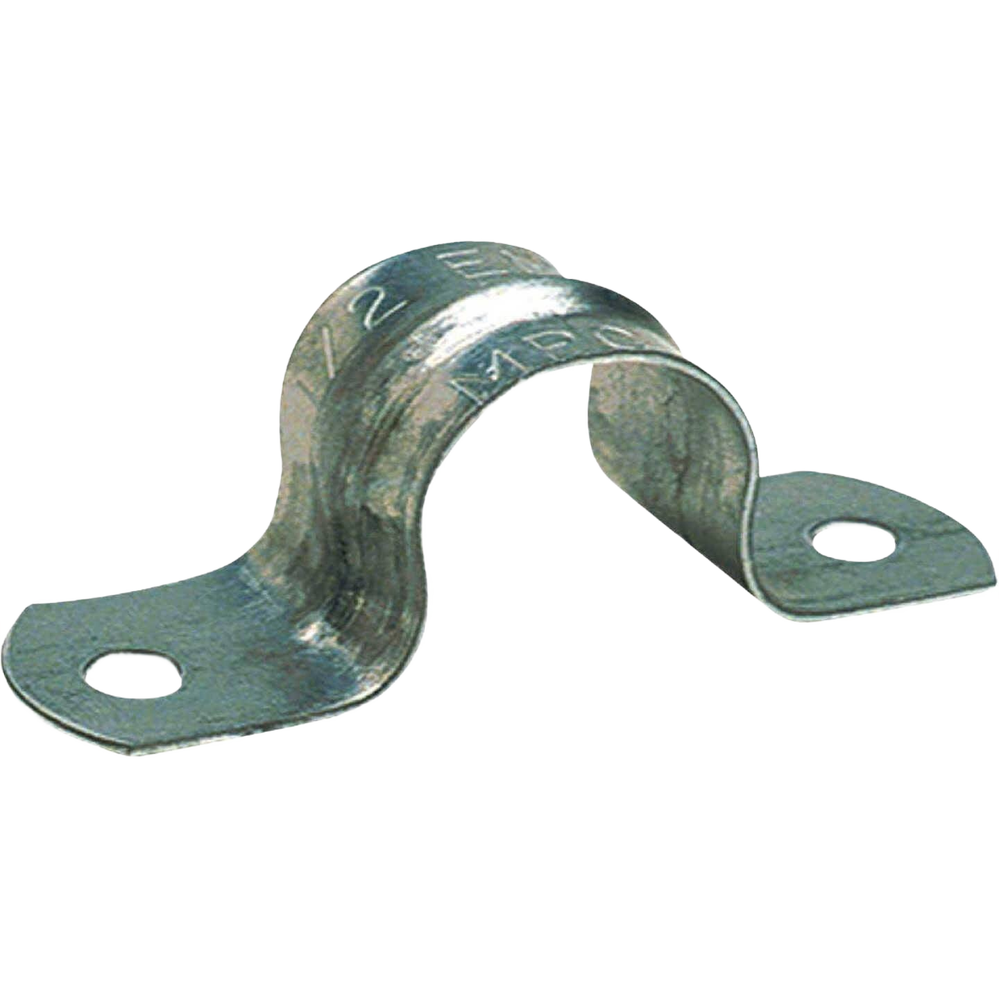 Galvanized steel conduit strap with two holes for securing EMT conduit in home improvement projects
