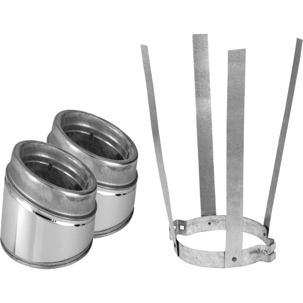 Two stainless steel insulated pipe elbow connectors with a metal support bracket for home improvement projects
