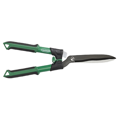 Green and black heavy-duty hedge shears with ergonomic handles for garden trimming and home improvement tasks