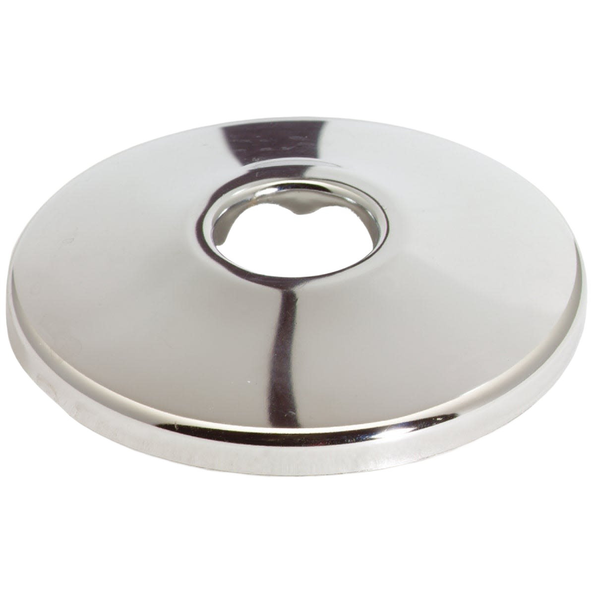 Chrome-plated shallow flange with central opening for pipe covering in plumbing parts and repair collections