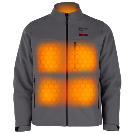 Gray men's heated TOUGHSHELL jacket with four glowing heat zones on chest and abdomen in Milwaukee outerwear collection