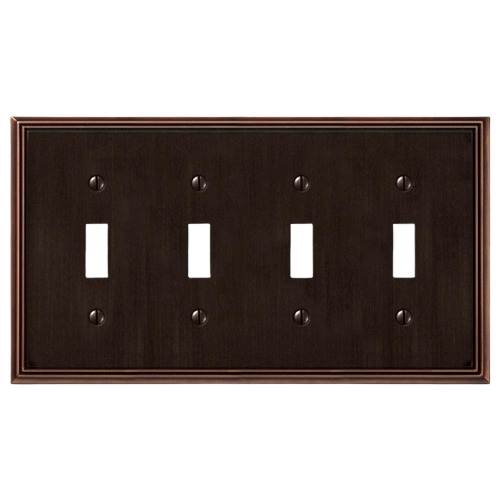 Aged bronze four-toggle switch wall plate with a sleek Metro Line design for home improvement projects