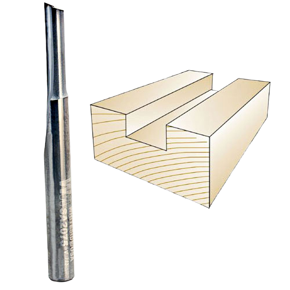 Solid carbide O-flute straight router bit alongside a wood joint cut for tool and home improvement projects