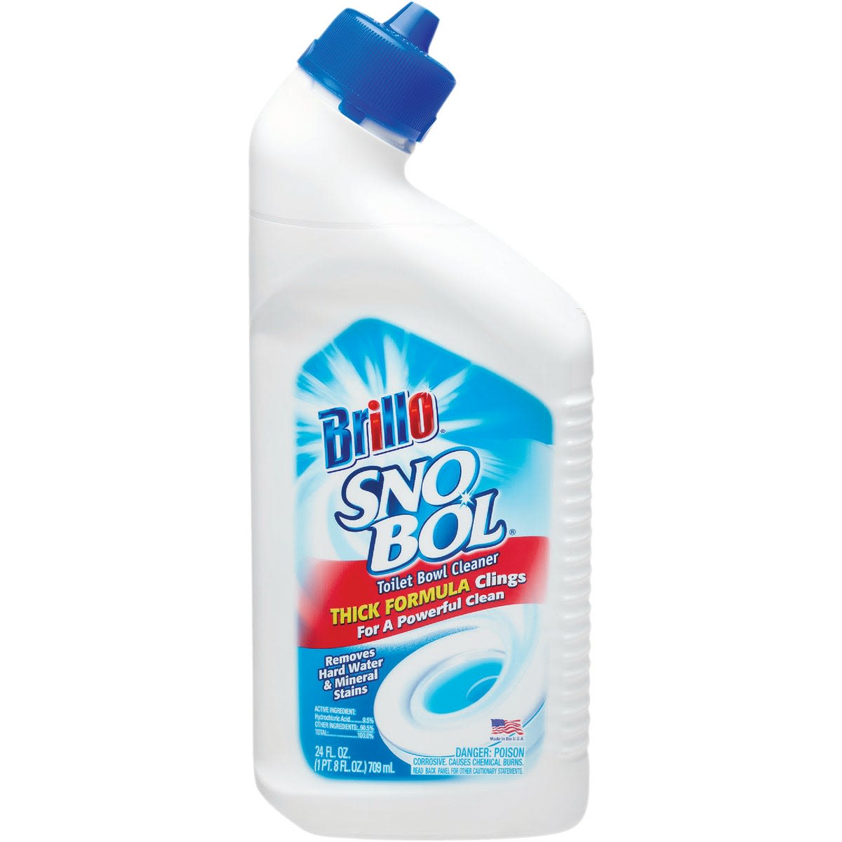 White plastic bottle of toilet bowl cleaner with angled blue cap and bright label for bathroom cleaning supplies under $50