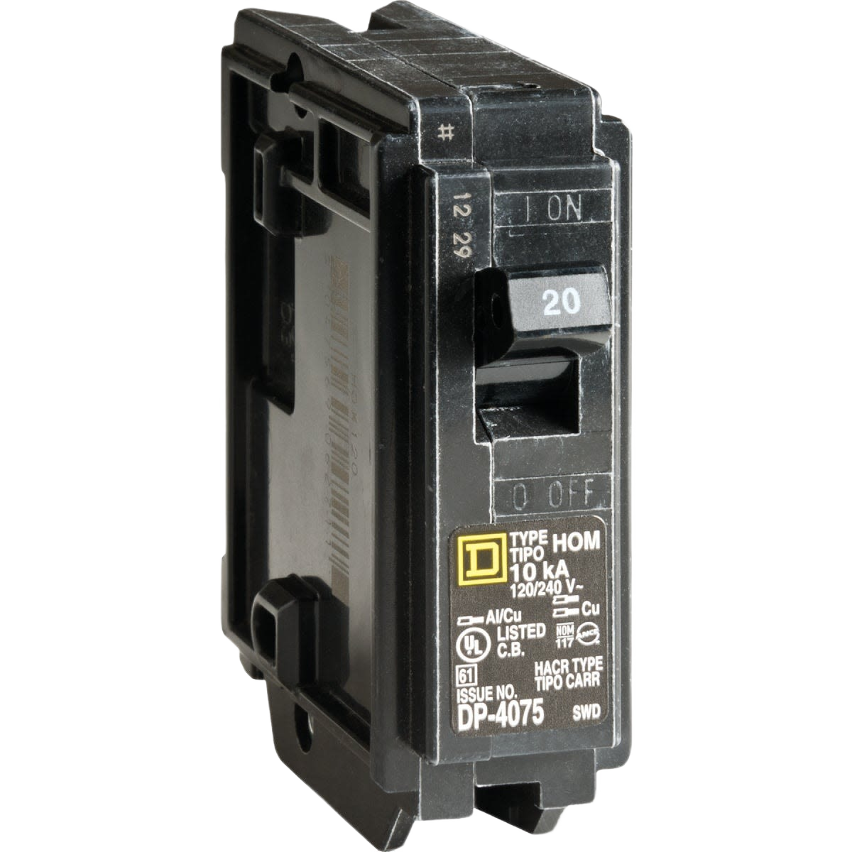 Black 20-amp single-pole circuit breaker for electrical panels, suitable for home improvement and breaker collections under $50