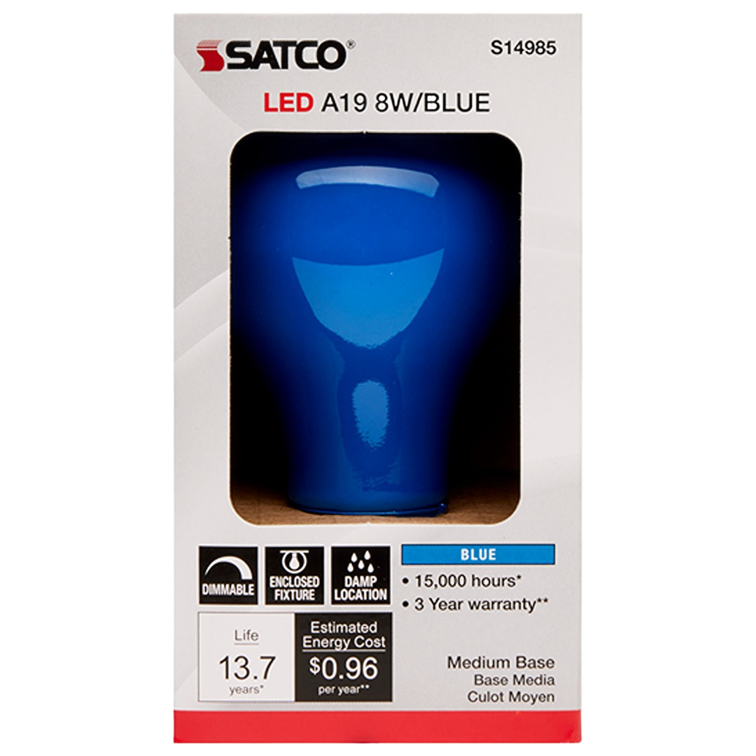 Blue LED A19 light bulb with medium base, dimmable, suitable for enclosed fixture and damp locations in lighting collections