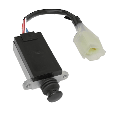 Black electrical seat switch with wiring harness and white connector for tools and home improvement use