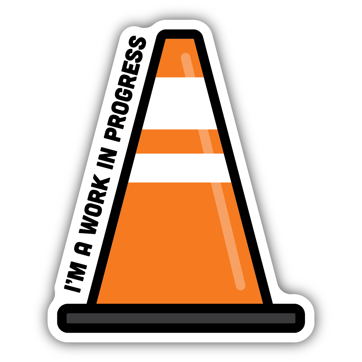 Orange traffic cone with white stripes and black text humorously stating work in progress for tools and home improvement