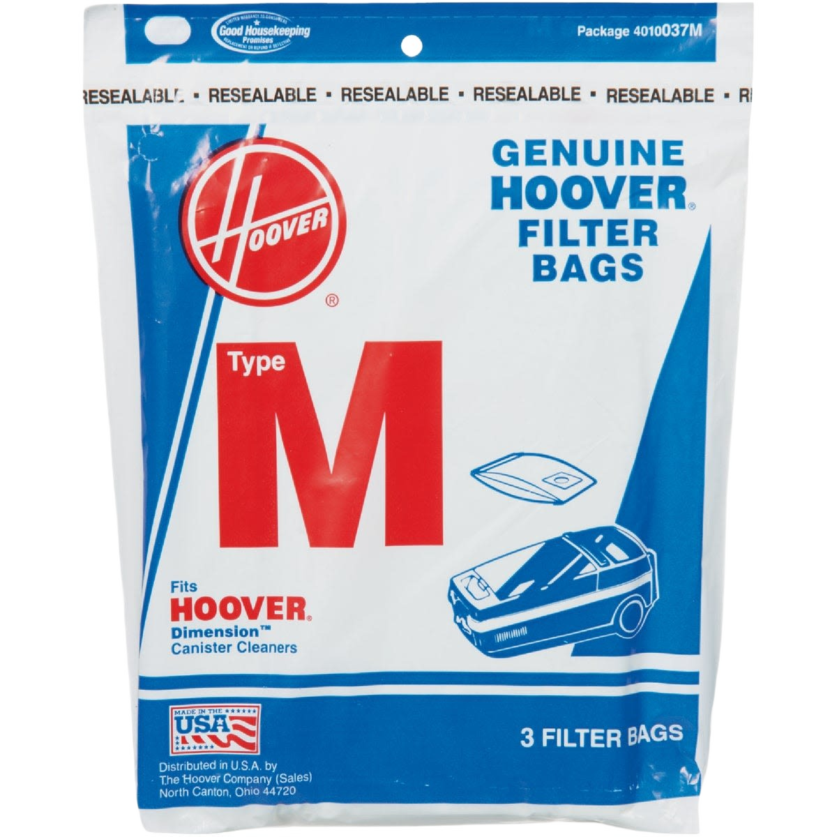 Pack of three genuine Hoover vacuum filter bags designed for canister cleaners, resealable for home maintenance use