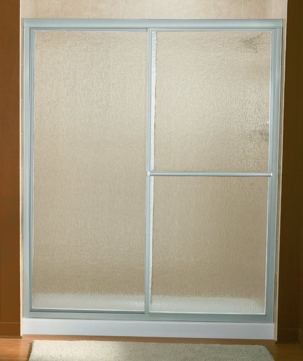 Sliding shower door with textured glass panels in a silver frame for bathroom and home improvement projects
