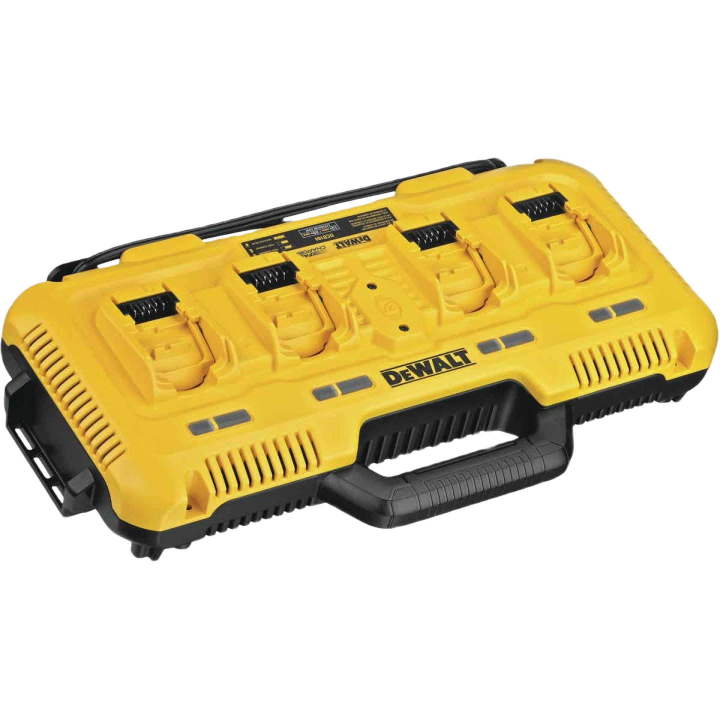 Yellow multiport fast charger with fan cooling and four battery slots for tools and home improvement tasks