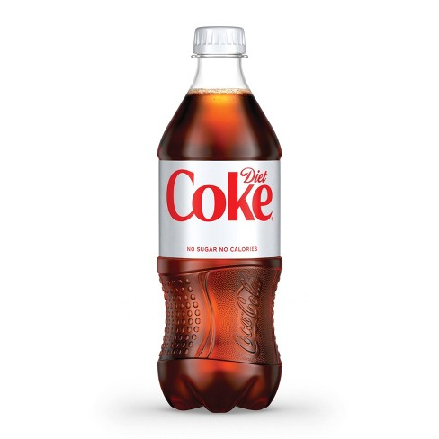20 oz. plastic bottle of Diet Coke with white label and red text, part of food and beverage drink options.